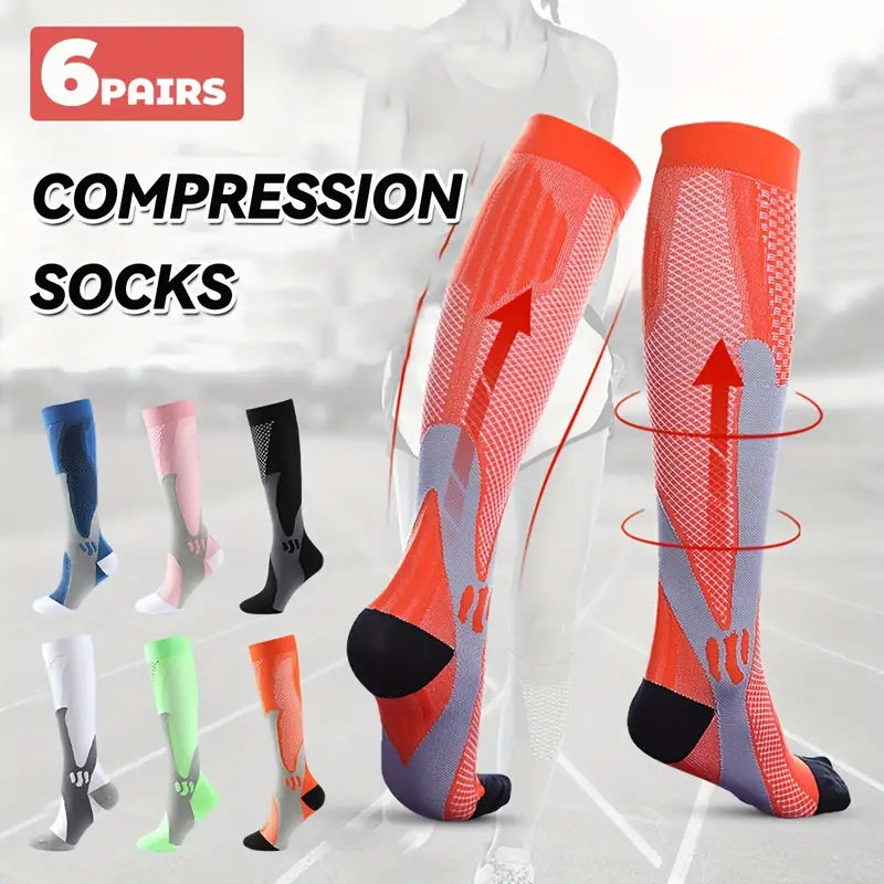 6 Pairs Copper Women Compression Socks 20-30 Mmhg Knee High Cute Sports Fit For Cycling