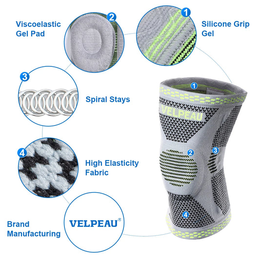 VELPEAU Knee Pad Silicone for Arthritis Pain Spring Compression Kneepad Support for Fitness Gear Basketball Volleyball Protector