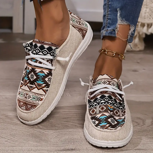 Women's Tribal Pattern Canvas Shoes, Casual Round Toe Low Top Flat Sneakers, Lightweight Outdoor Walking Shoes